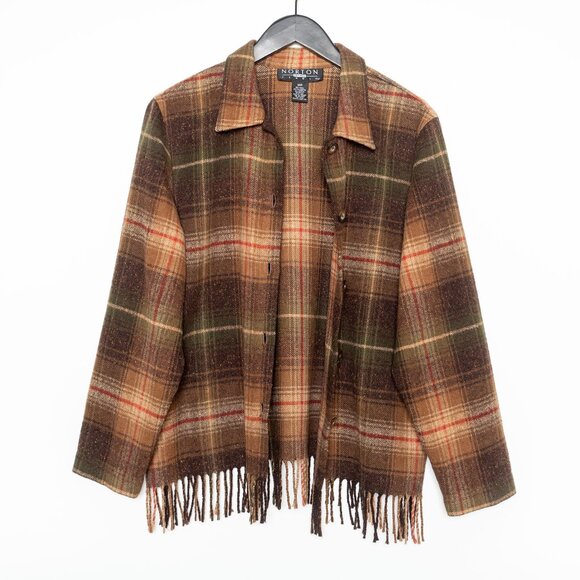 SOLD - Vintage Brown Green Wool-Blend Plaid Fringed Shirt Jacket Norton Studio - Picture 2 of 12